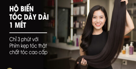 Người mẫu đang sử dụng tóc kẹp phím dài 1m làm từ tóc thật 100% tại Tóc Giả Sài Gòn