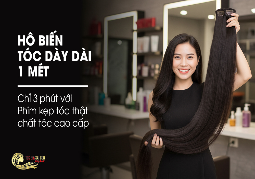 Người mẫu đang sử dụng tóc kẹp phím dài 1m làm từ tóc thật 100% tại Tóc Giả Sài Gòn