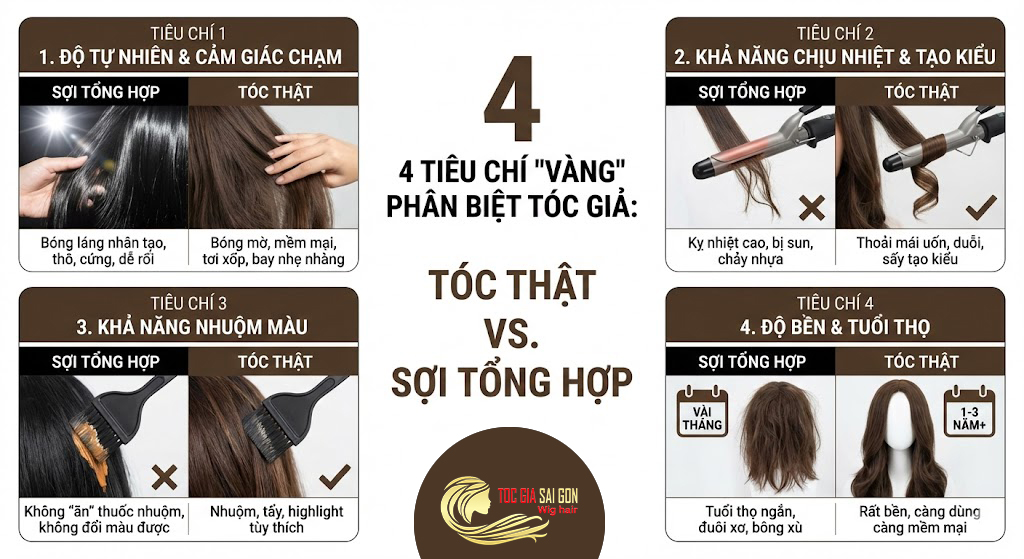Phân Biệt Tóc Giả Tóc Thật Và Sợi Tổng Hợp