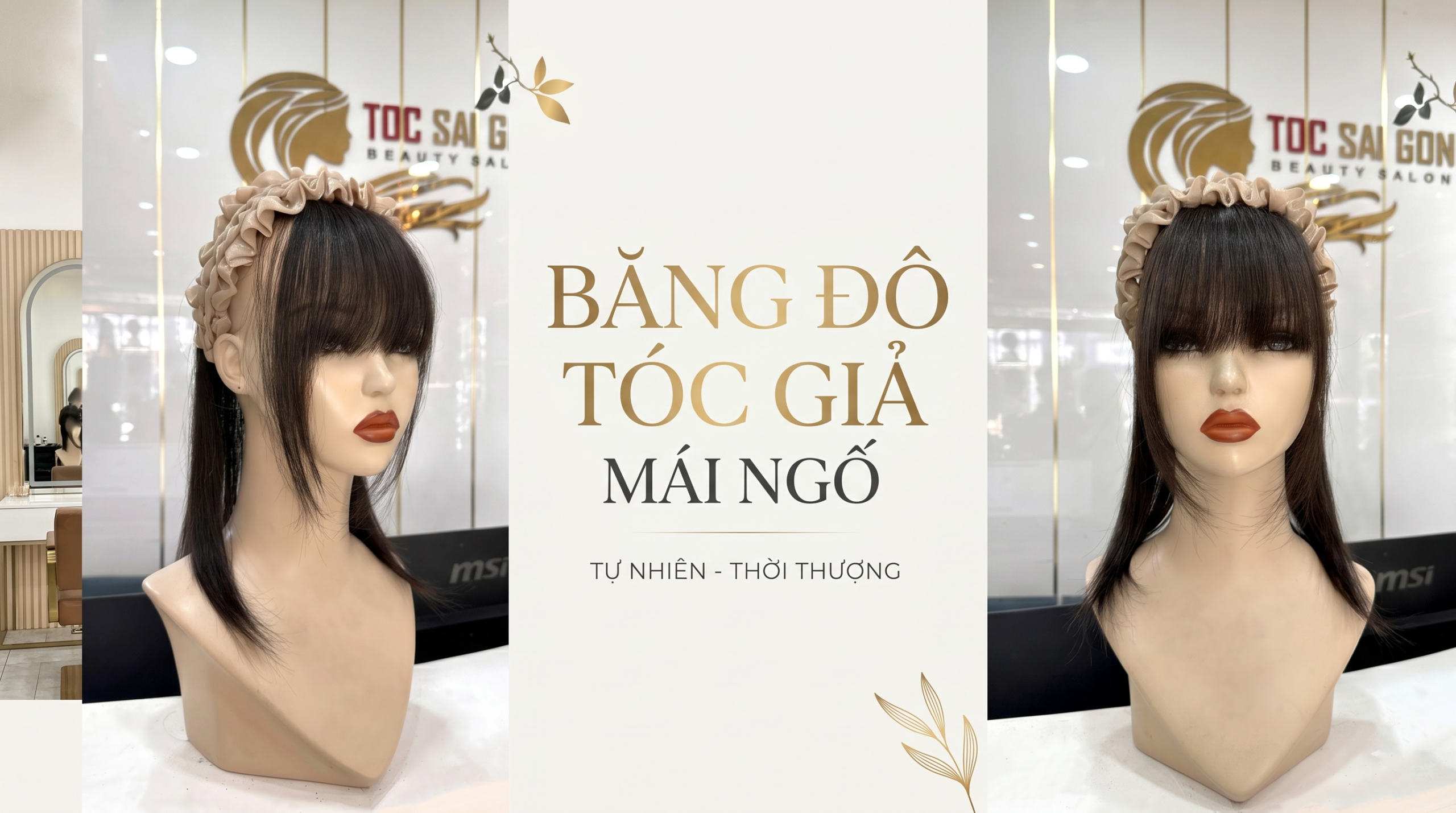 Ma-nơ-canh đội băng đô tóc giả mái ngố có ria làm từ 100% tóc thật tự nhiên của Tóc Giả Sài Gòn.