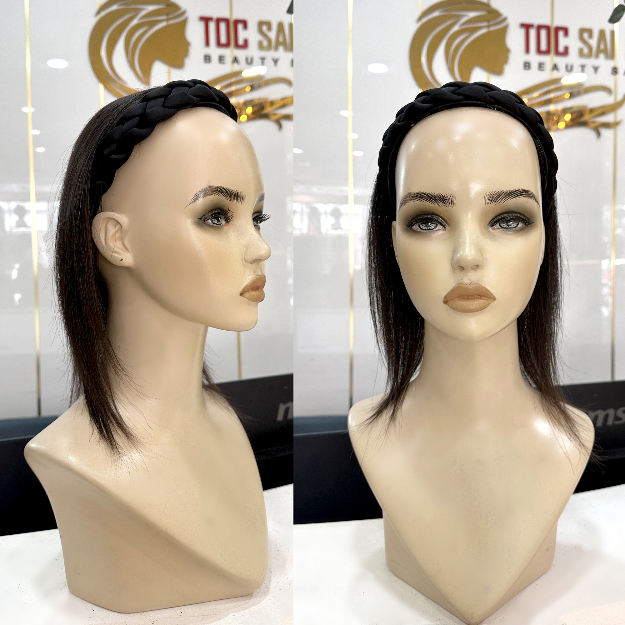 Ma-nơ-canh đội băng đô tóc giả làm từ 100% tóc thật tự nhiên của Tóc Giả Sài Gòn.