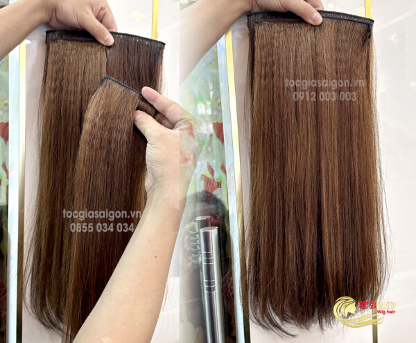 combo-3-phim-toc-that-dai-50cm-mau-nau-sang Cận cảnh độ bóng mượt của combo 3 phím tóc làm từ 100% tóc thật tự nhiên dài 50cm màu nâu sáng tại Tóc Giả Sài Gòn