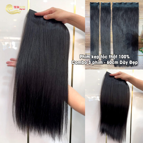 Cận cảnh combo 3 phím kẹp làm từ 100% tóc thật tự nhiên dài 60cm màu đen của Tóc Giả Sài Gòn