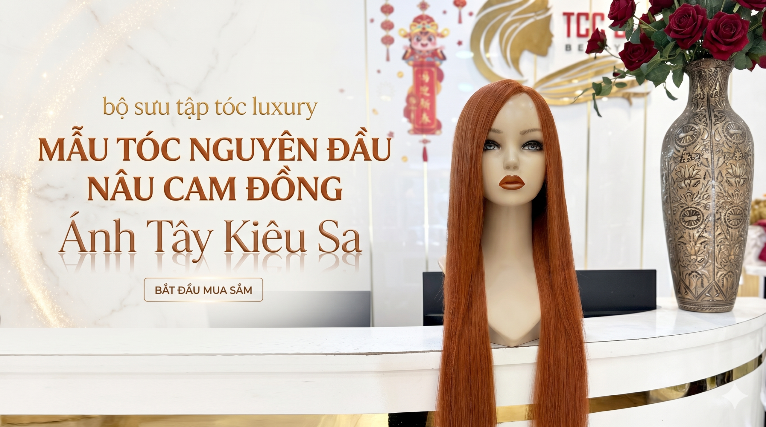 Tóc giả nữ màu nâu cam đồng ánh Tây tóc thật